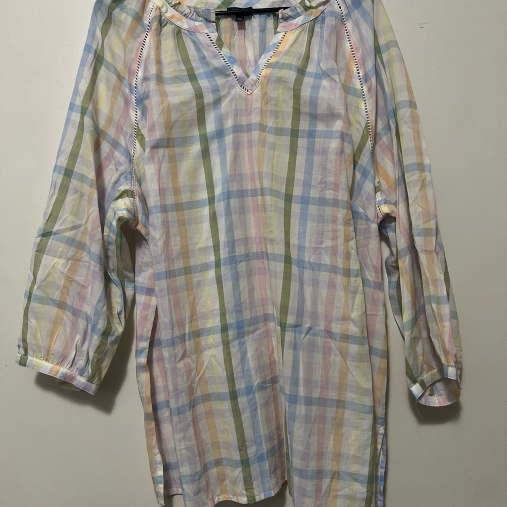 Talbots Cotton Long Sleeve Top Women's 2XL Lightweight Pastel Checkered Casual